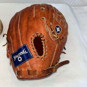 Vintage Spalding Leather Baseball Glove in Chestnut Brown with Blue Logo
